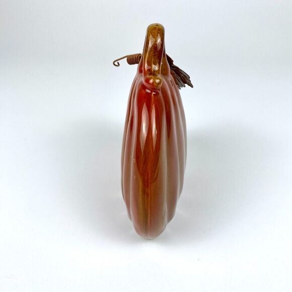 Ceramic Pumpkin with Metal Leaf Fun Festive Home Decoration Shelf Sitter 5.25" - Picture 4 of 12